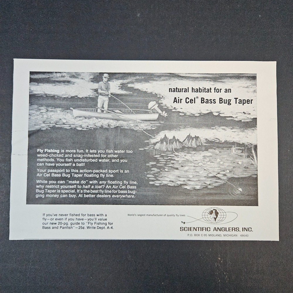 1967 Scientific Anglers Air Cel Bass Bug Taper Fly Vintage Print Ad Midland MI